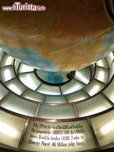 Immagine Targa mappamondo Daily News Building - La scritta recita che se il Sole fosse raffigurato con la stessa dimensione di questo globo, la stella più grande conosciuta, la Stella di Struve, alla stessa scala, dovrebbe essere rappresentata da una sfera larga 11,2 km, e distante ben 73,6 km da questo punto!