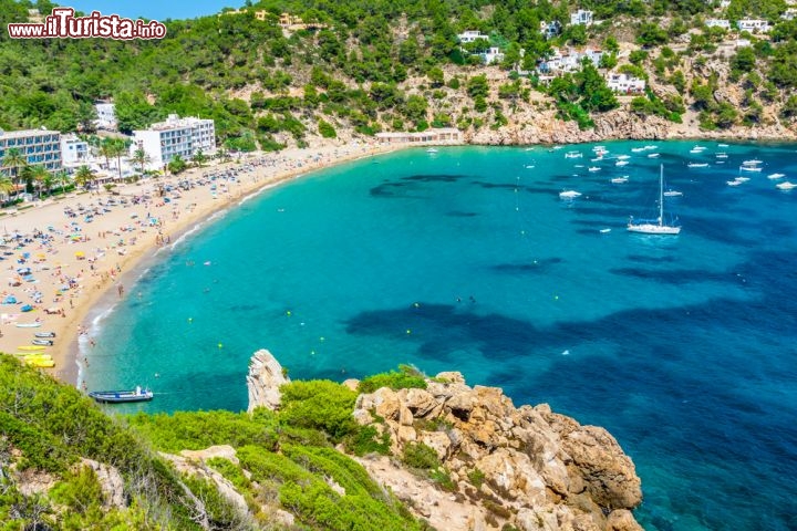 La Cala di San Vicente nel nord di Ibiza - Tutti conoscono Ibiza, la più famosa delle isole Baleari, ma forse non tutti sanno che una trentina di chilometri a nord di Ibiza città si apre una baia paradisiaca: è Cala San Vicente, che fa parte del comune di Sant Joan, raggiungibile in automobile, in autobus o in bicicletta. Proprio la bici è il mezzo ideale se si vogliono assaporare gli splendidi punti panoramici che precedono la spiaggia, abbracciata dalle montagne e dalla macchia mediterranea e lambita da un’acqua cristallina, da cui affiora l’isolotto di Tagomago. L’ampia superficie di sabbia dorata (380 m di lunghezza per 30 di profondità) fa sì che anche in alta stagione, quando il flusso turistico è al top, tutti possano trovare spazio nella Cala San Vicente e godersela senza affanno. Non mancano punti di ristoro, negozi, e la possibilità di noleggiare ombrelloni, sdraio e pedalò. Il fondale basso è adatto anche ai bambini, nonostante il vento frequente e le onde, che rendono il paesaggio ancor più pittoresco. Alle spalle della spiaggia si snoda una bella passeggiata pedonale orlata di palme, particolarmente romantica al calar del sole.
Cala San Vicente si trova a 10 minuti di macchina da Sant Joan e a 15 minuti circa da San Carlos, ed è una delle fermate dell’autobus della linea 23, che parte da Santa Eulària e passa per San Carlos e Es Figueral. Chi guida la propria auto e viene da San Carlos dovrà prestare molta attenzione alle curve ma godrà di un panorama mozzafiato  - © Lukasz Janysti / Shutterstock.com