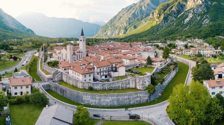 Aerial,Panoramic,View,Of,Venzone,Small,City,With,Its,Walls