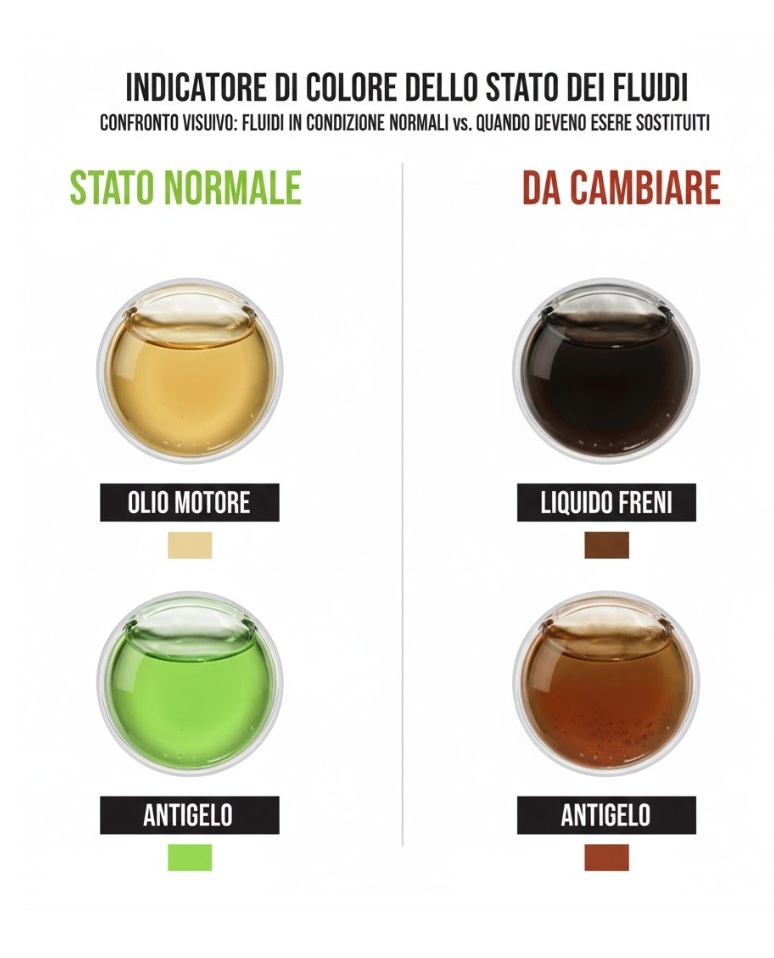 I vari colori dei fluidi delle auto rivelano lo stato dell'auto